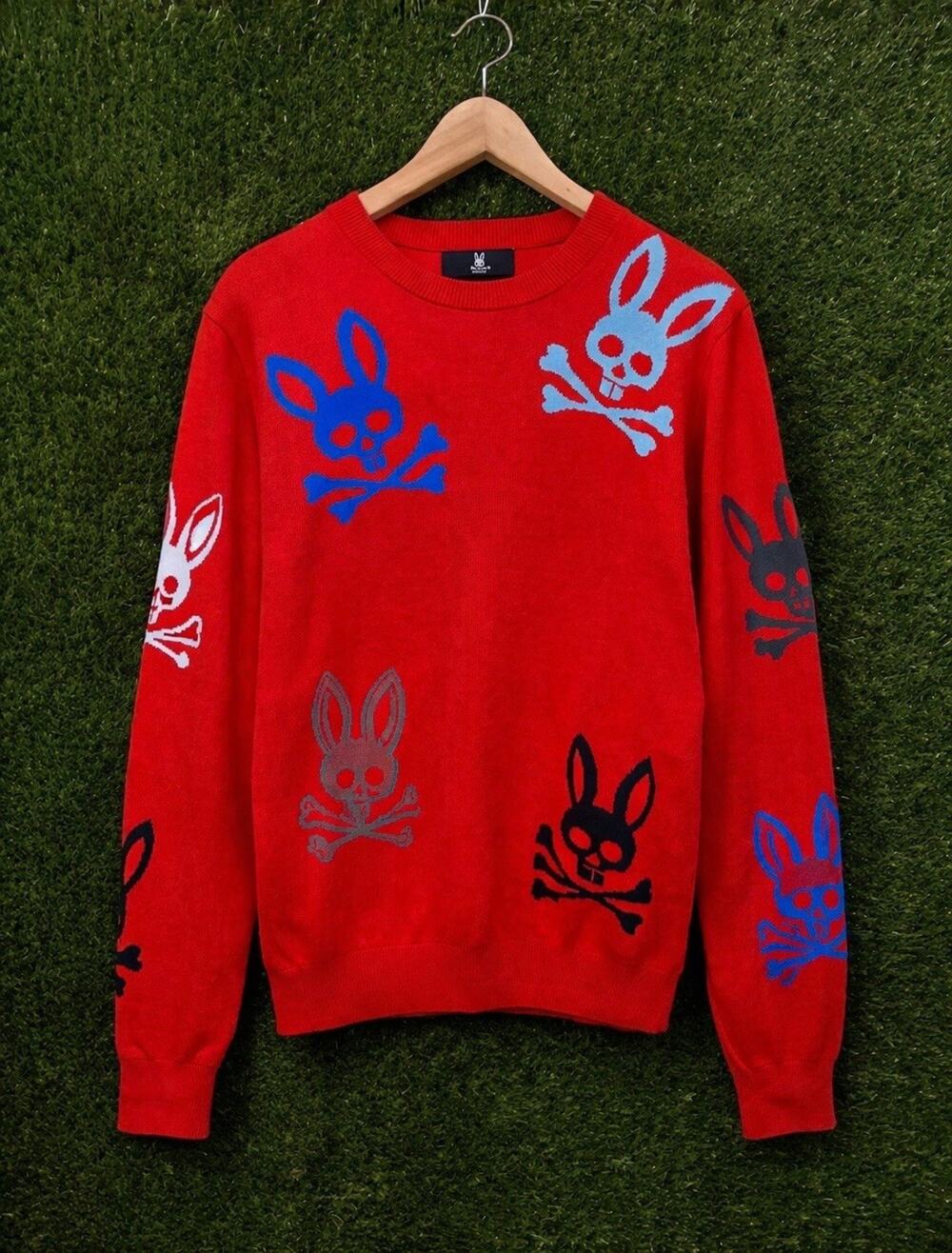 Psycho Bunny Men's Lacomb All Over Bunny Sweater Rio Red Cotton Knit Size S